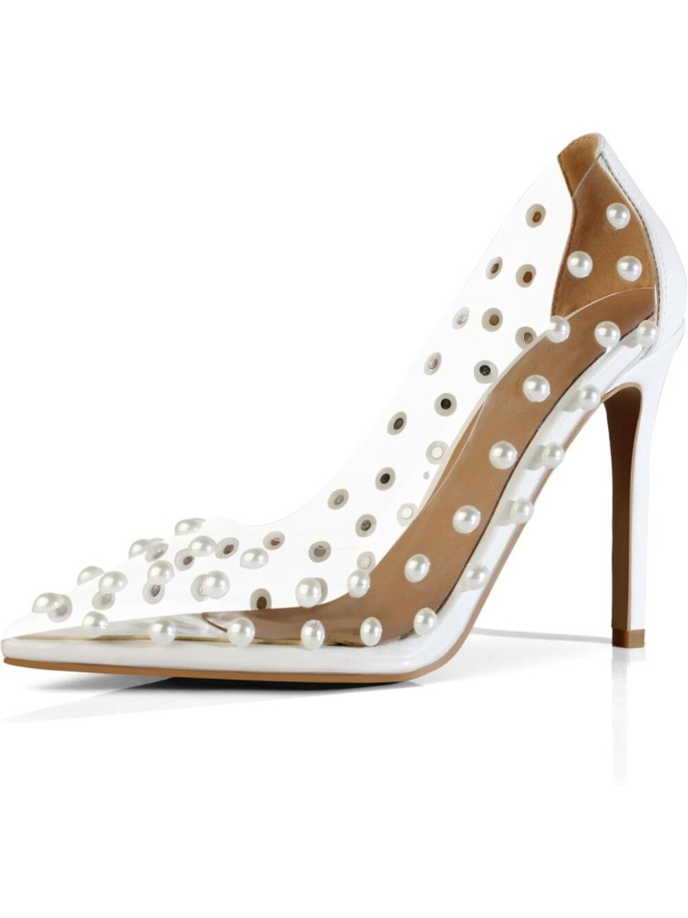 Women's White Pumps Pointed Toe High Heel Shoes Pearl Studded PVC Clear Heels